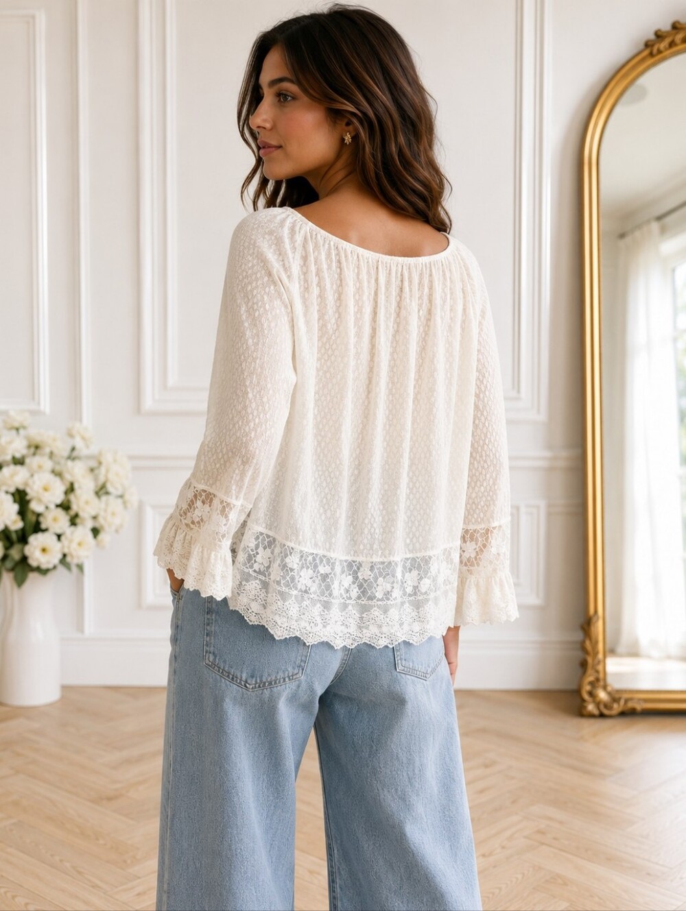 Max Edition Ivory Lace Blouse | Size Small | Lined Sheer Sleeves | Romantic - Picture 2 of 8